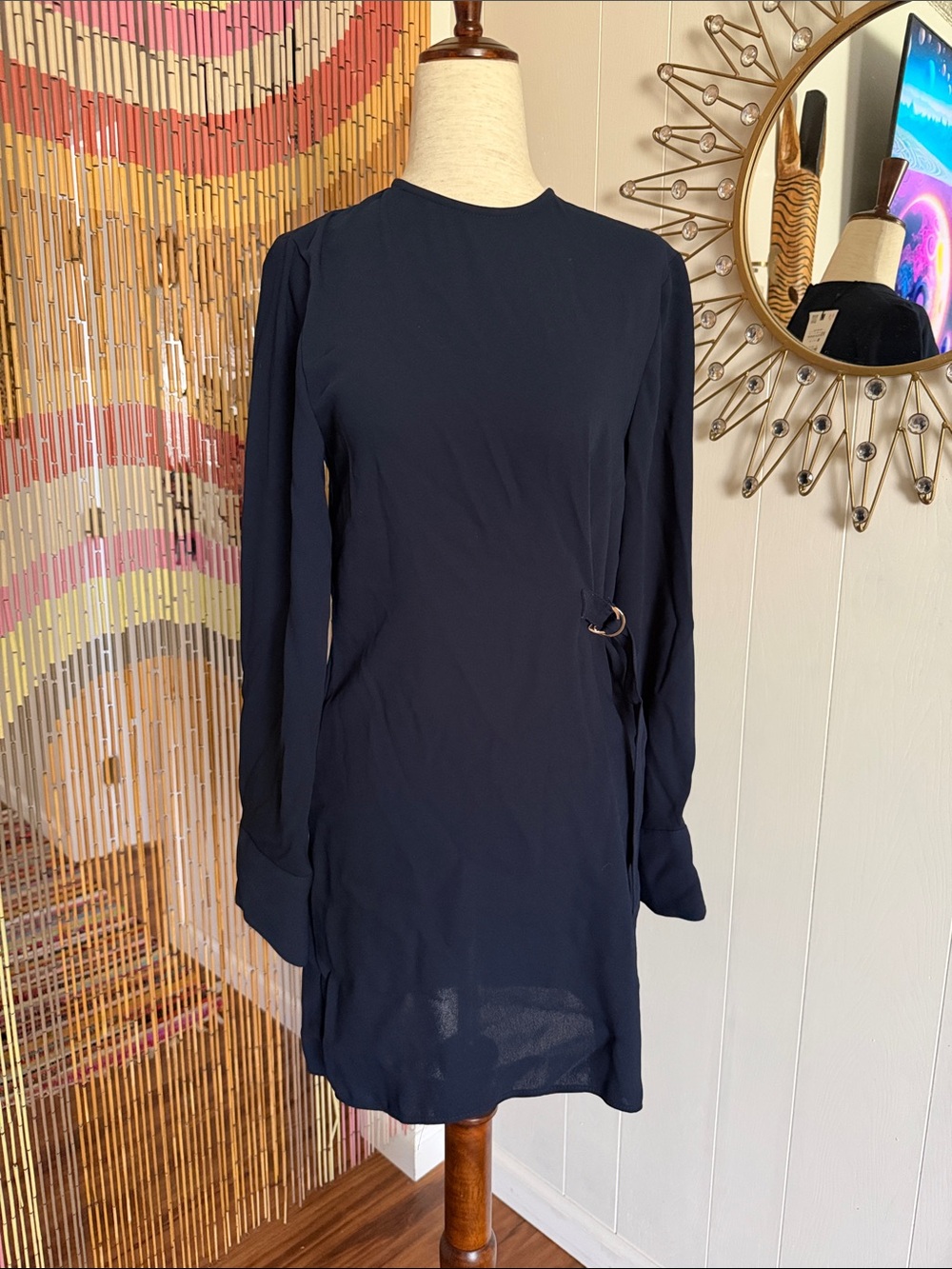 Zara Navy Long-Sleeve Mini Dress with Side Ring Detail